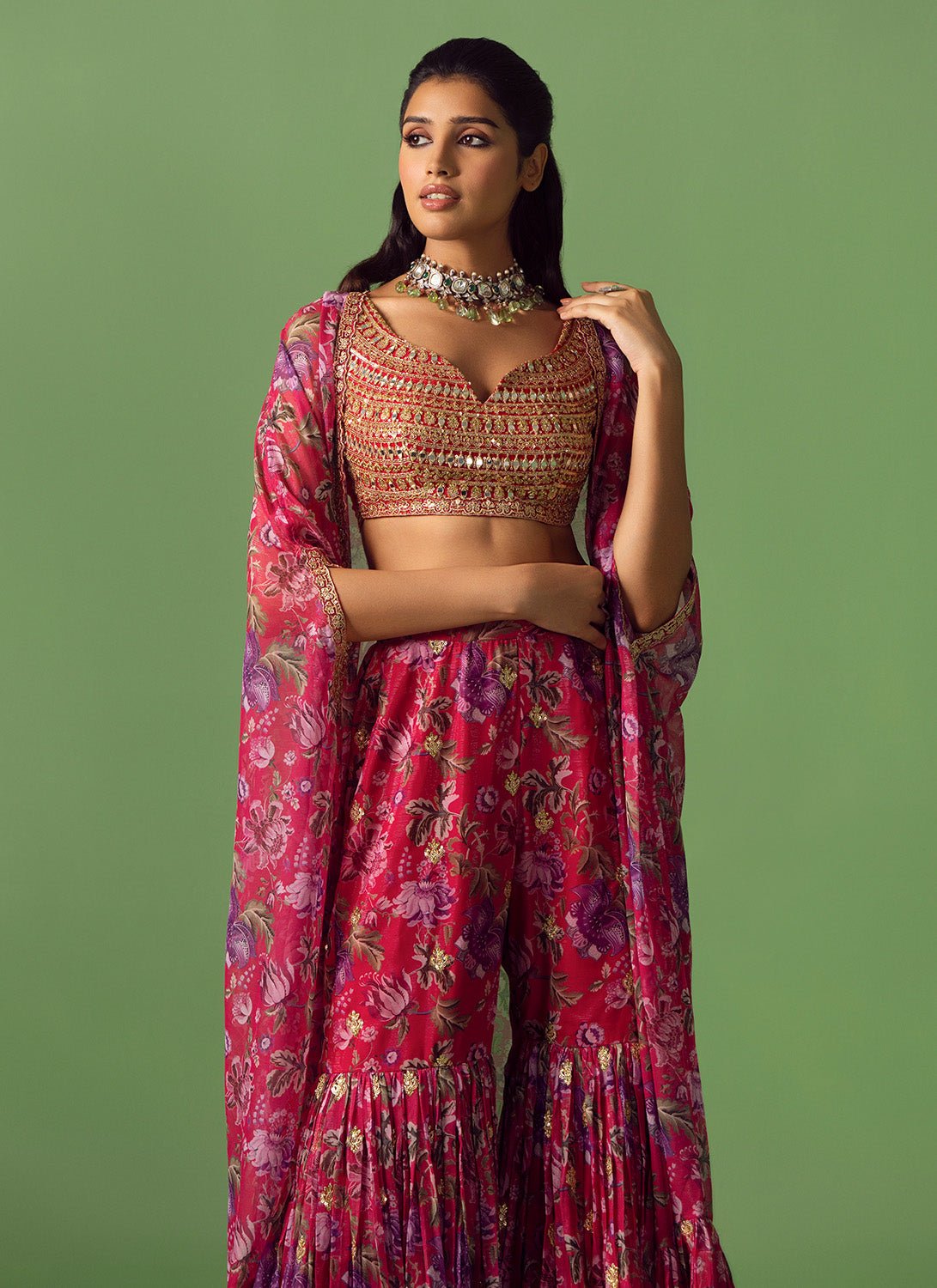 Pink Floral Printed Gharara Cape Set - Lashkaraa