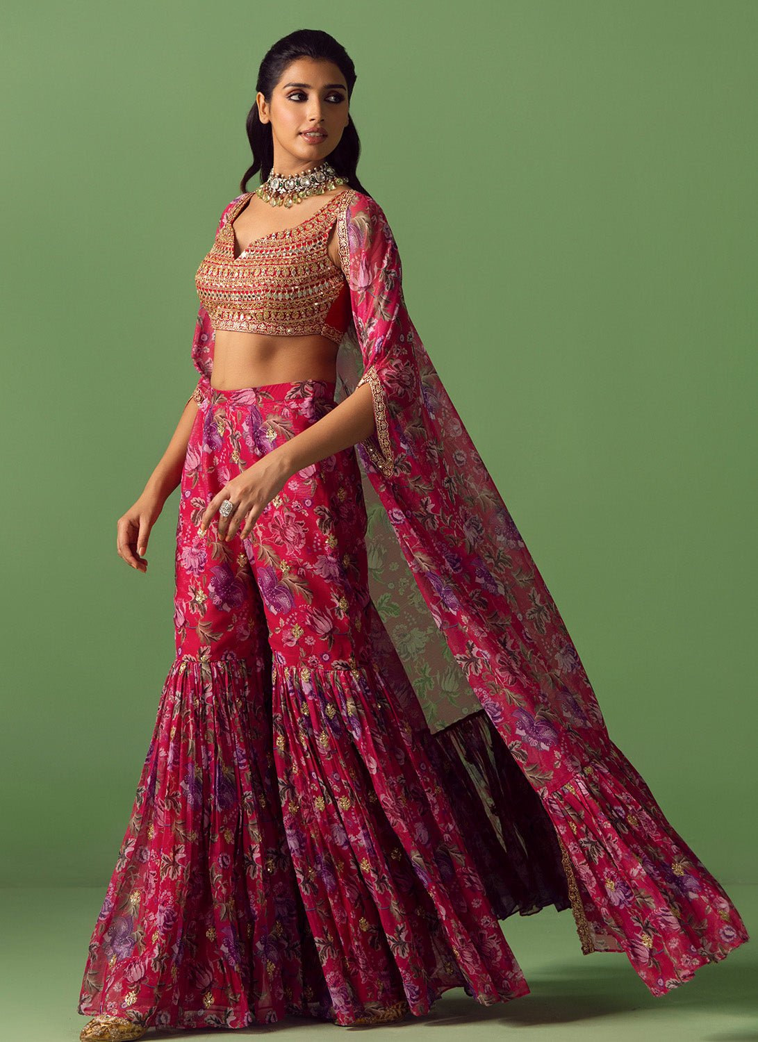 Pink Floral Printed Gharara Cape Set - Lashkaraa