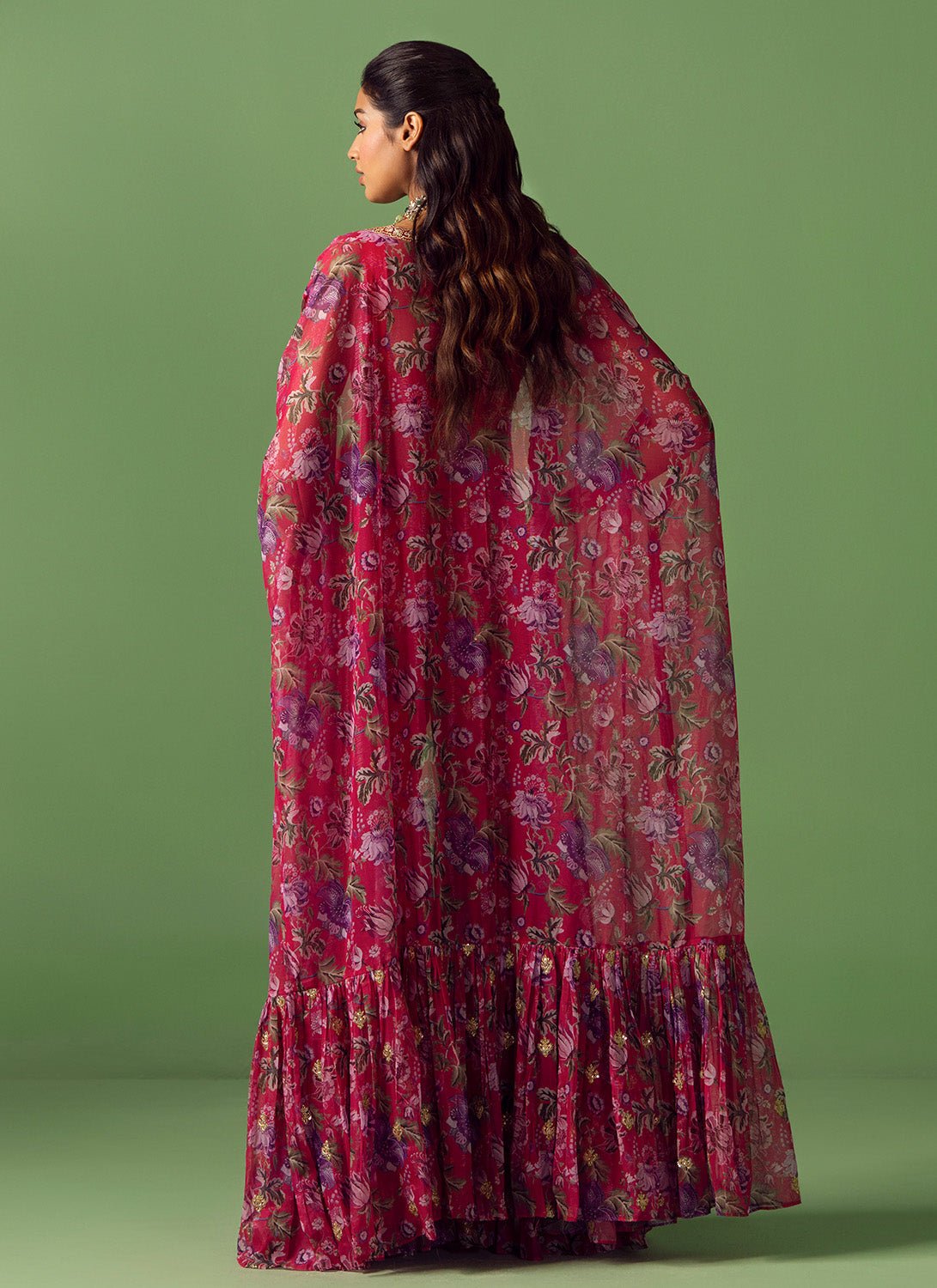 Pink Floral Printed Gharara Cape Set - Lashkaraa