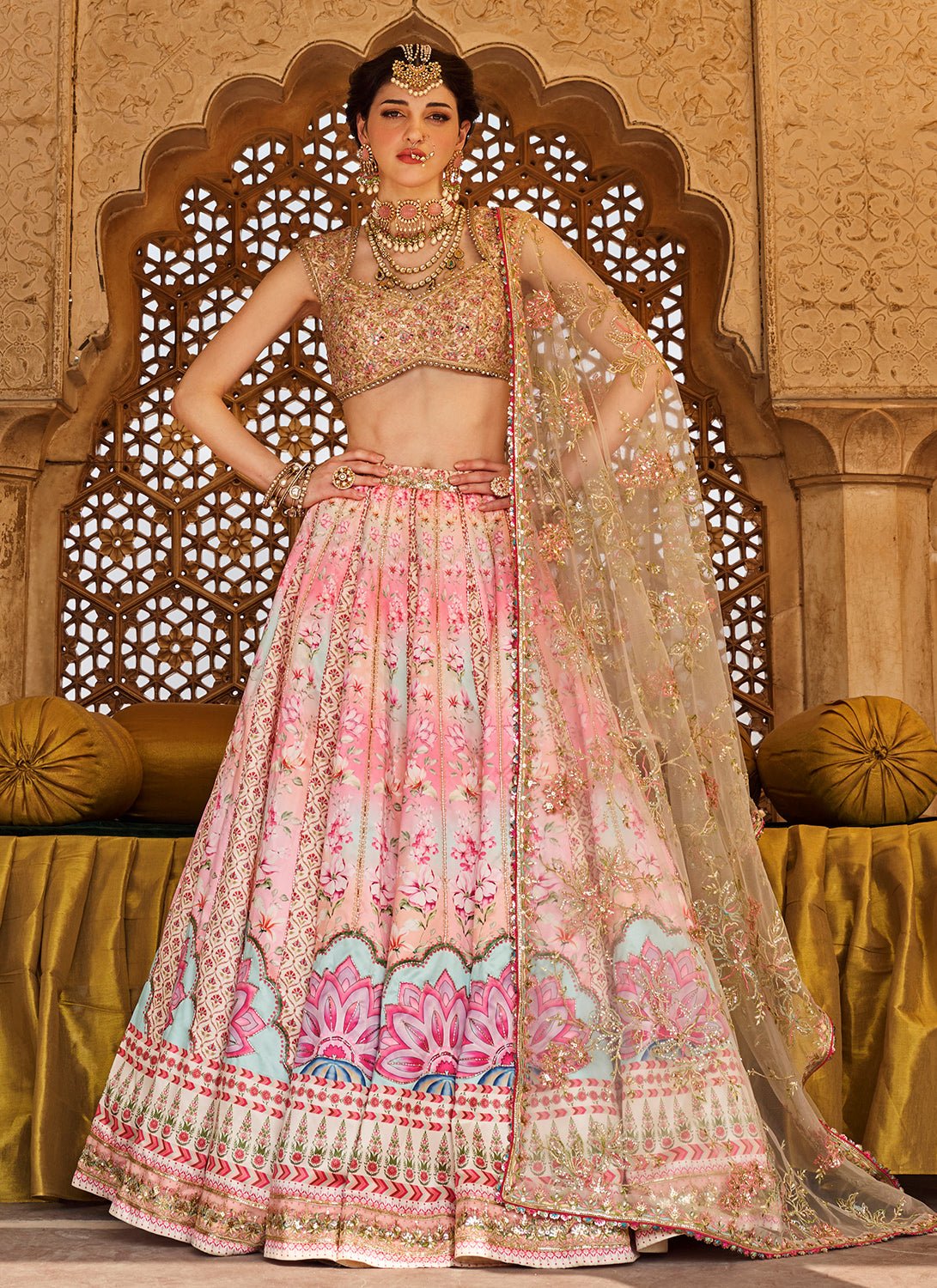 Pink Multicolor Printed Satin Lehenga - Lashkaraa