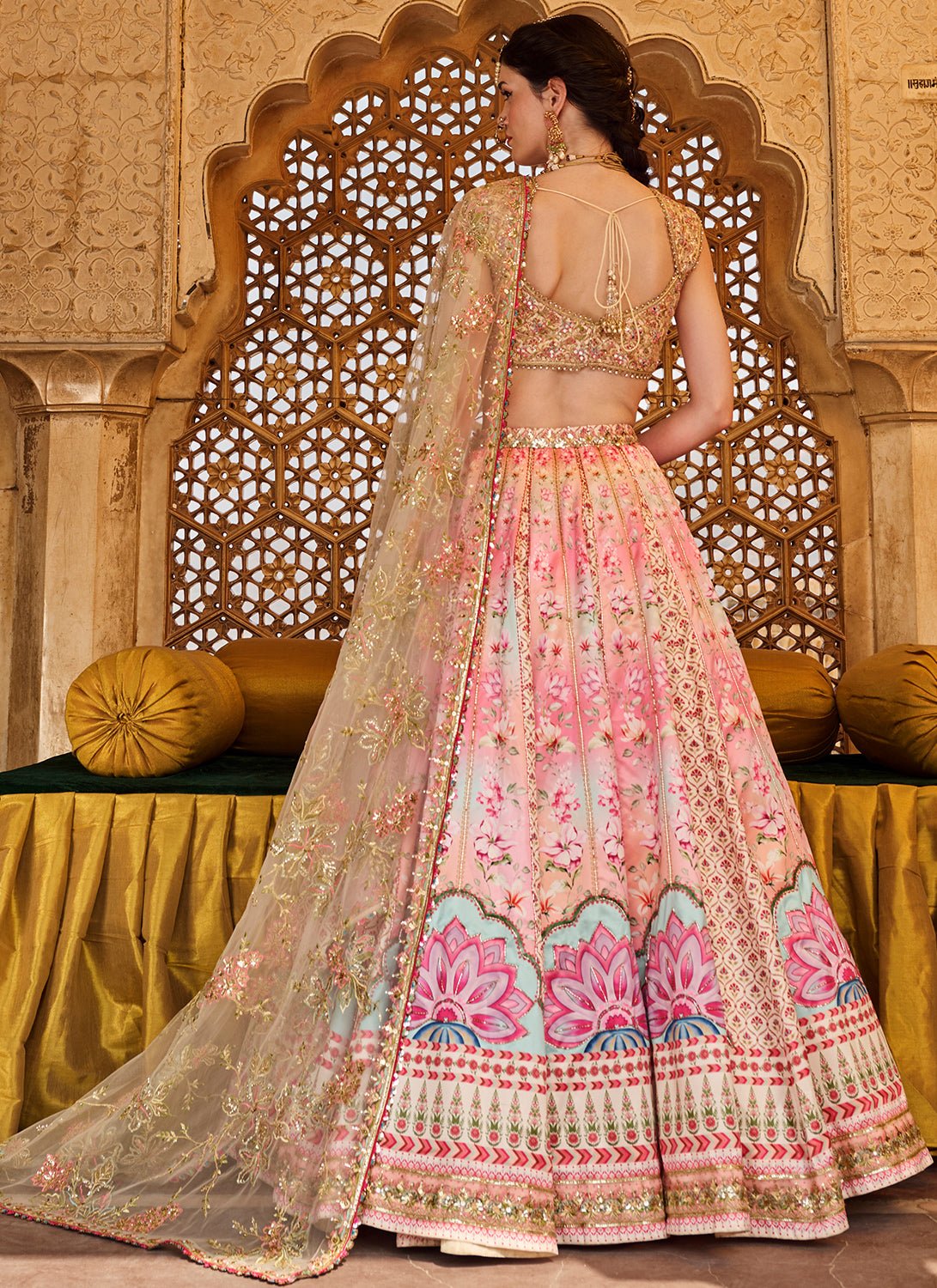 Pink Multicolor Printed Satin Lehenga - Lashkaraa