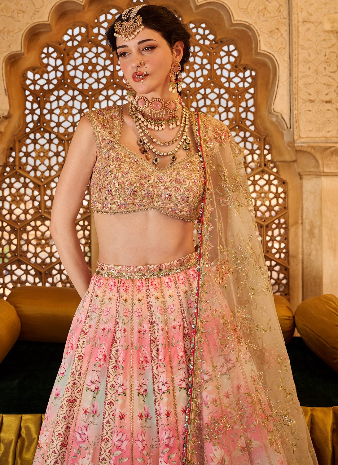 Pink Multicolor Printed Satin Lehenga - Lashkaraa