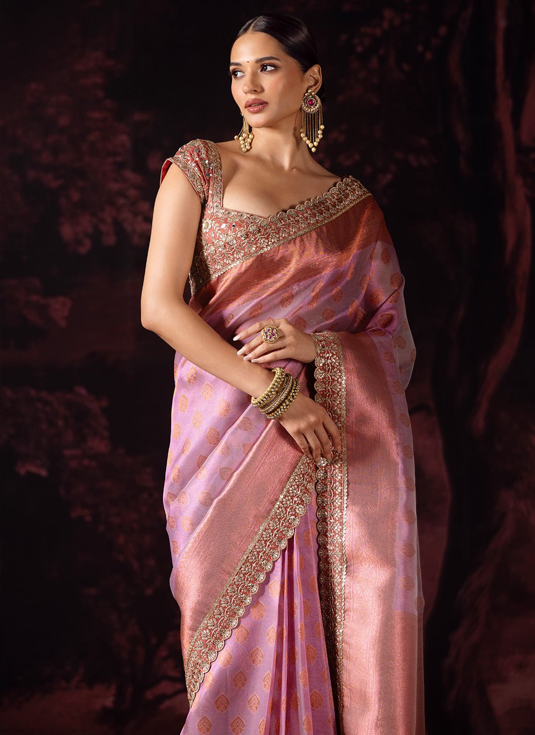 Pink Ombre Embroidered Tissue Saree - Lashkaraa
