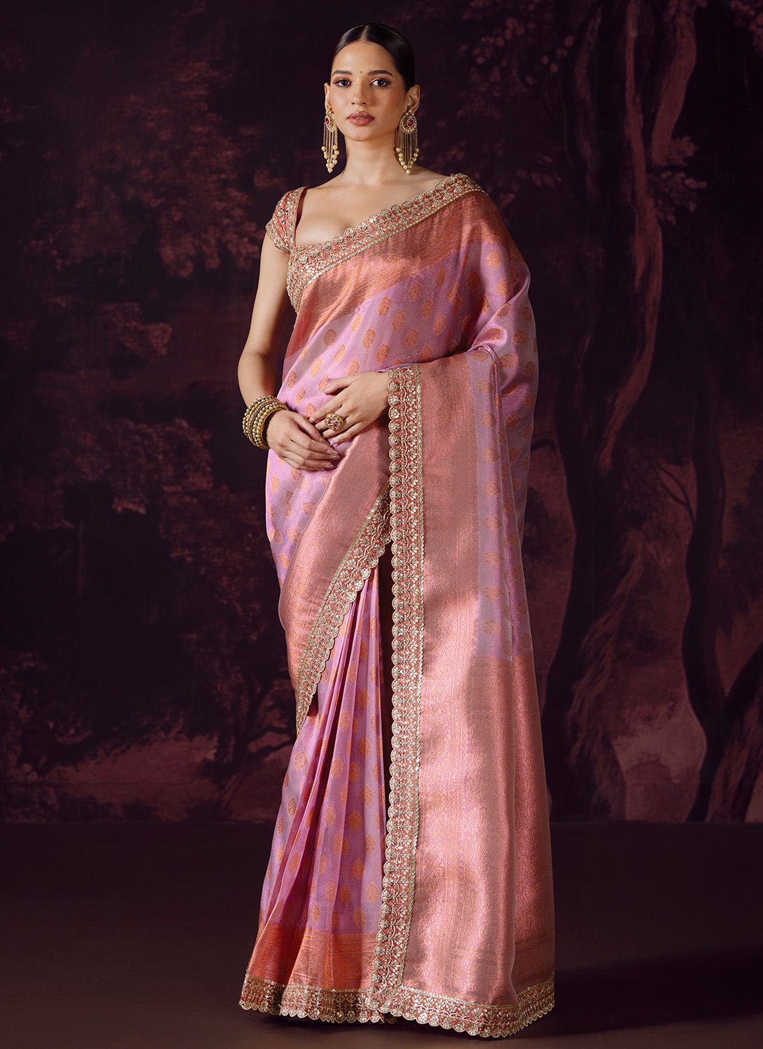 Pink Ombre Embroidered Tissue Saree - Lashkaraa