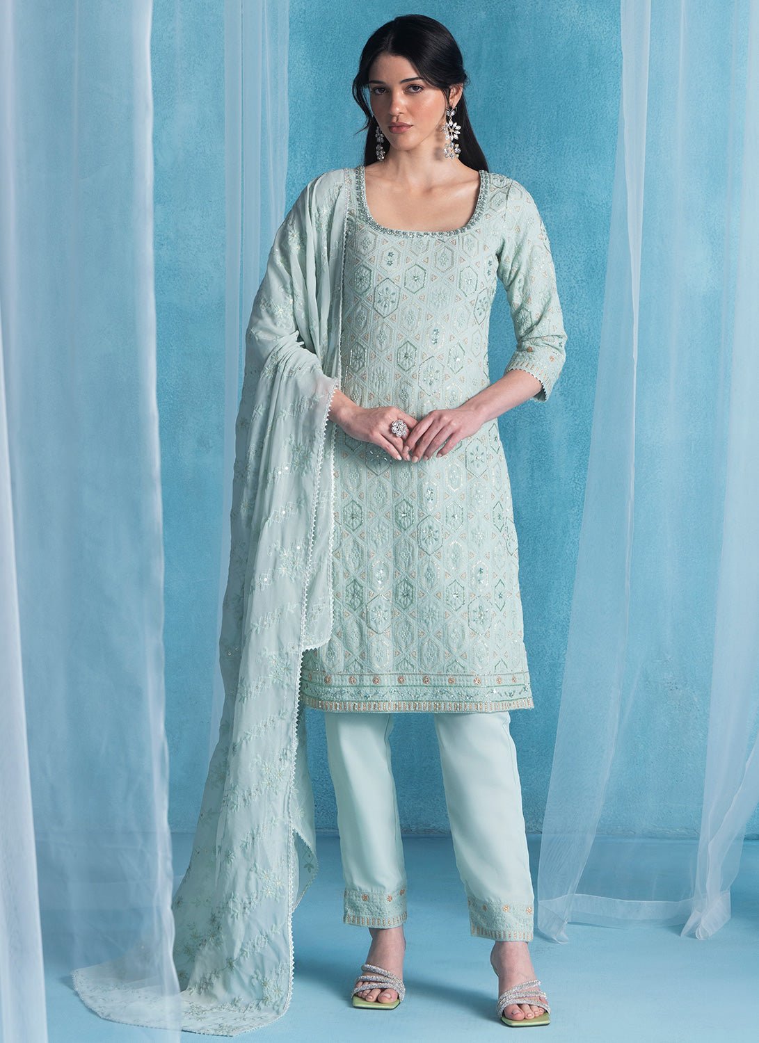 Pistachio Green Embroidered Lucknowi Straight Suit - Lashkaraa