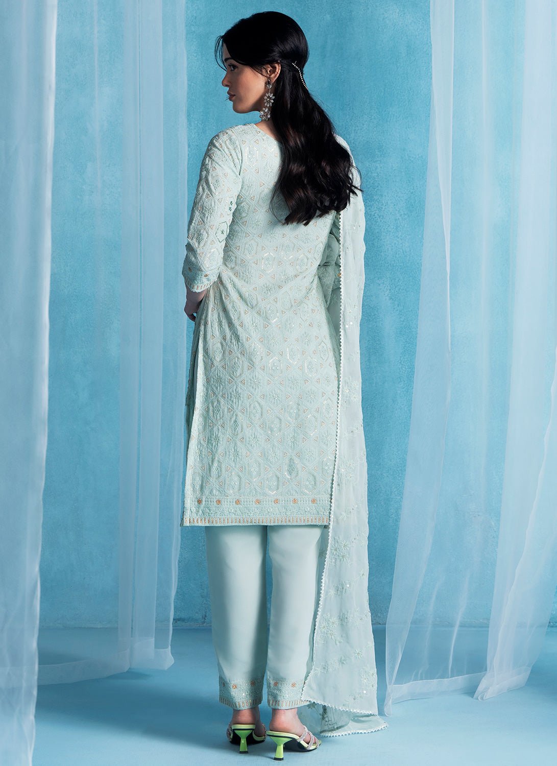 Pistachio Green Embroidered Lucknowi Straight Suit - Lashkaraa