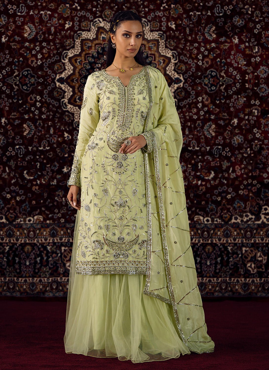 green emerald velvet dress Mint Green Sharara Suit: Sleeveless kurti with heavy embroidery – Banu  Designs main image 1