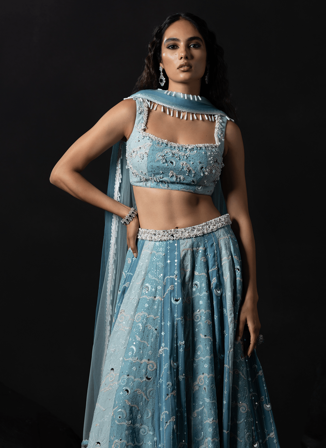 Powder Blue Embroidered Georgette Lehenga - Lashkaraa