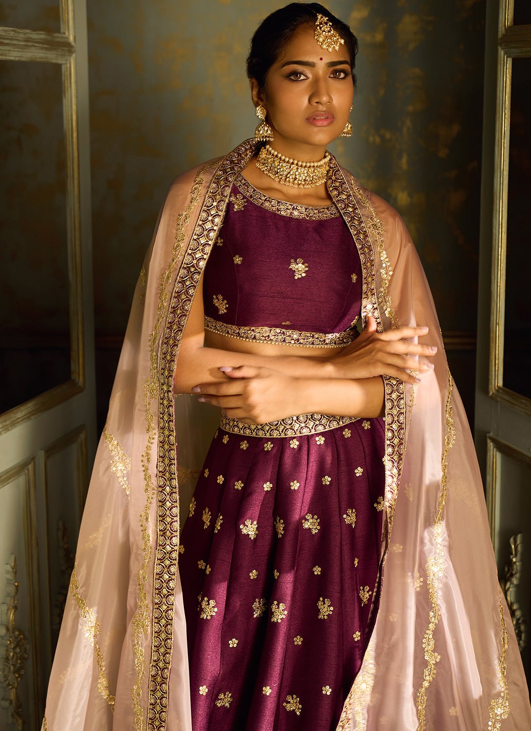Purple and Gold Embroidered Lehenga - Lashkaraa