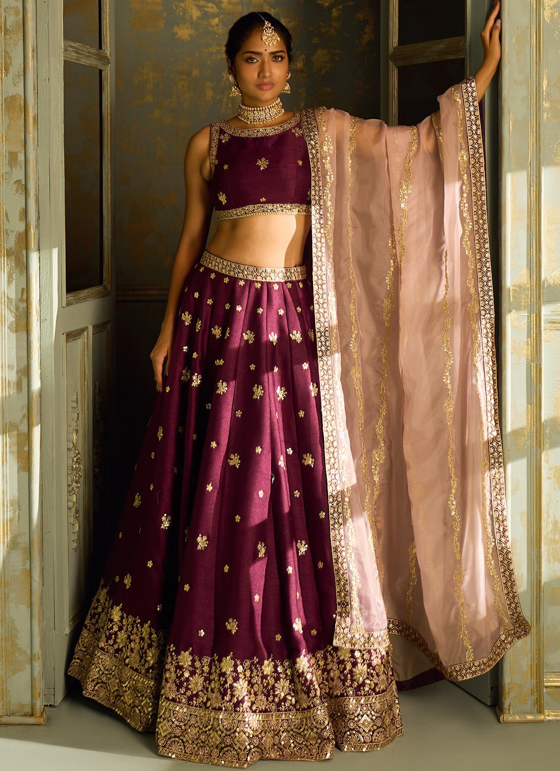 Purple and Gold Embroidered Lehenga - Lashkaraa