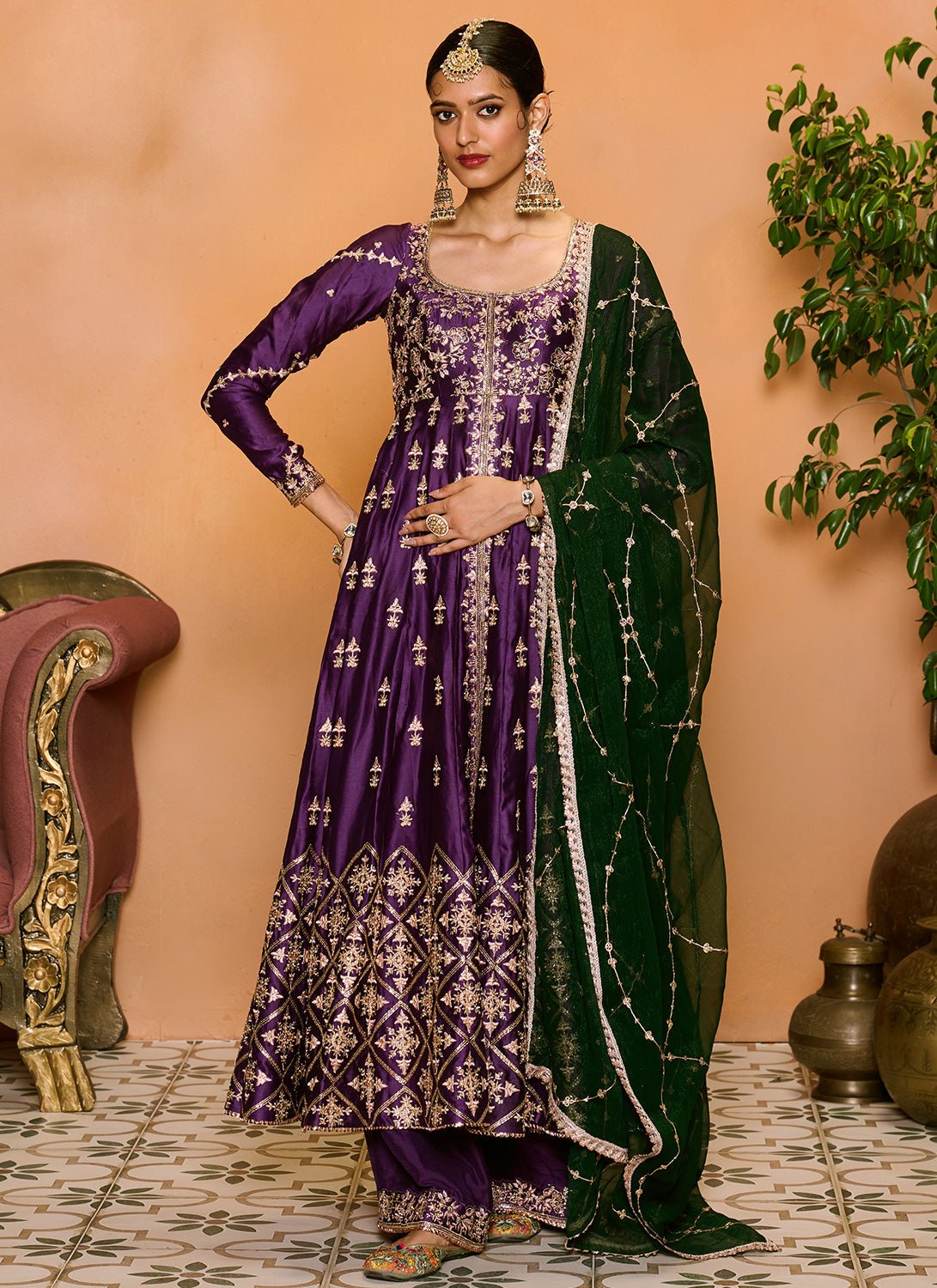 Purple and Green Embroidered Anarkali Palazzo Set - Lashkaraa