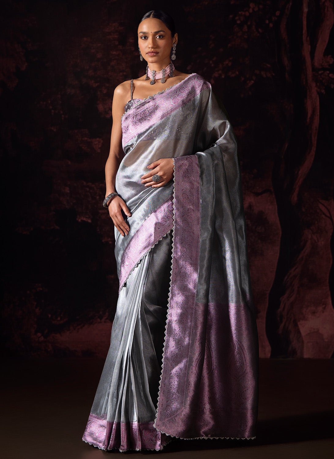 Purple and Grey Embroidered Tissue Saree - Lashkaraa