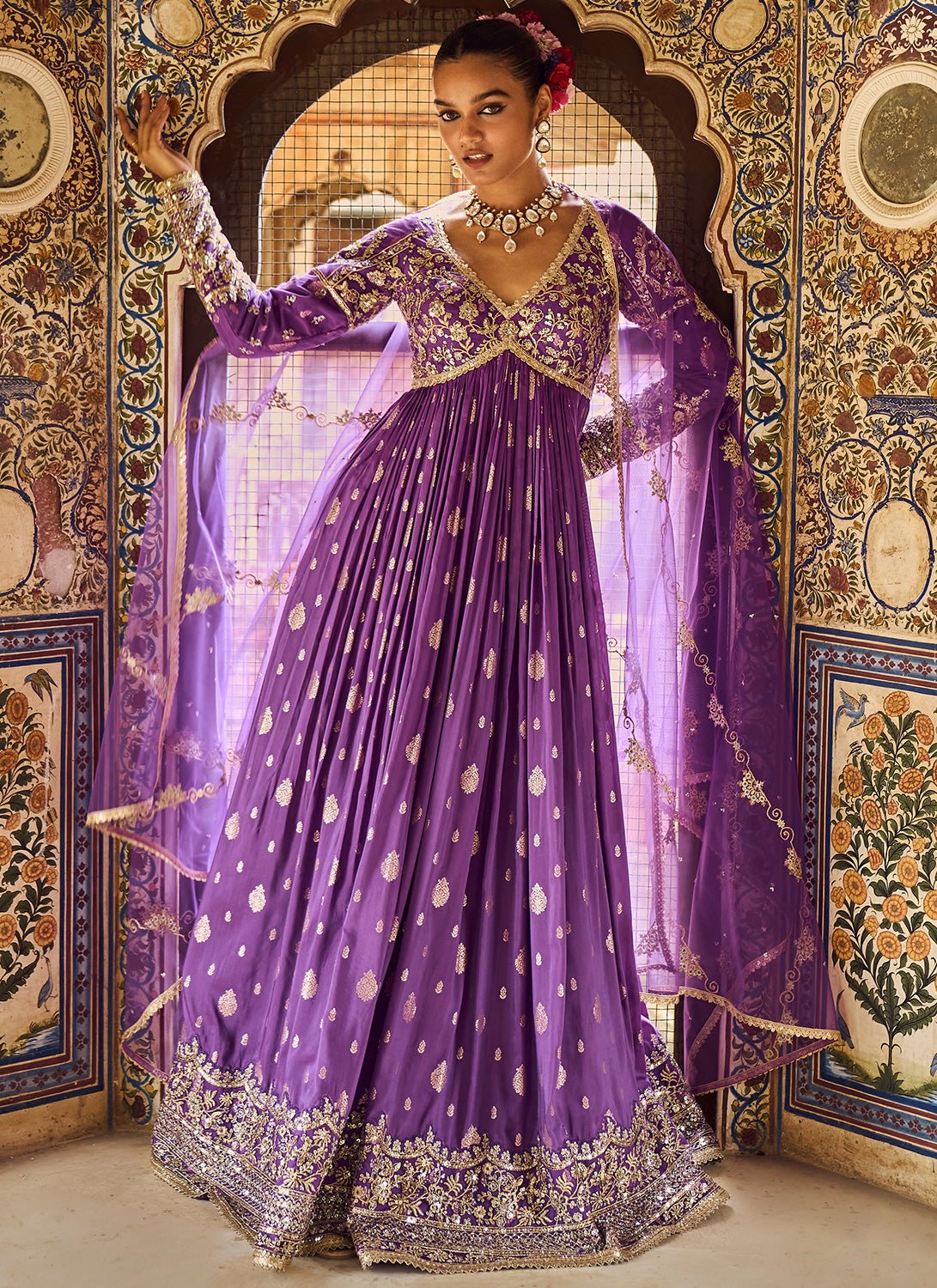 Purple Embroidered Brocade Anarkali - Lashkaraa