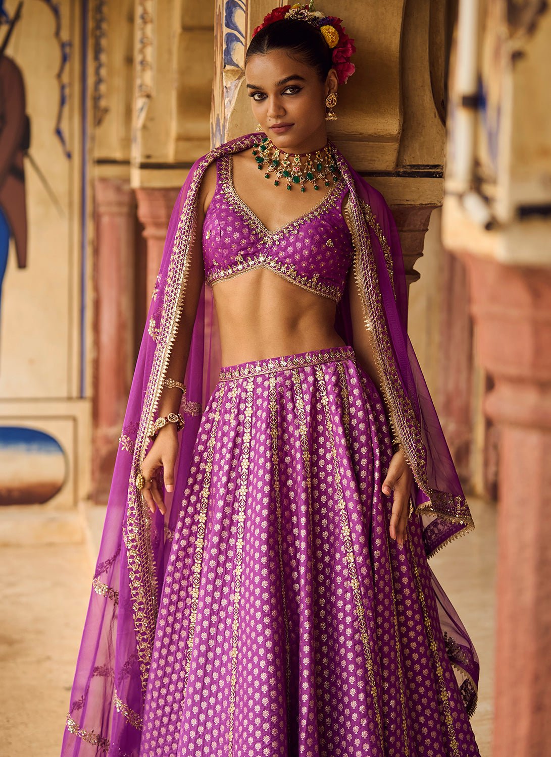 Purple Embroidered Brocade Lehenga - Lashkaraa