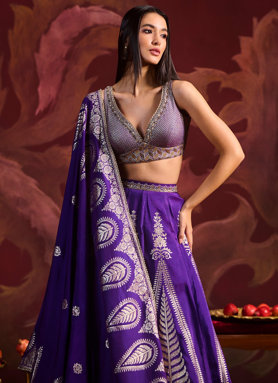 Purple Embroidered Brocade Lehenga - Lashkaraa