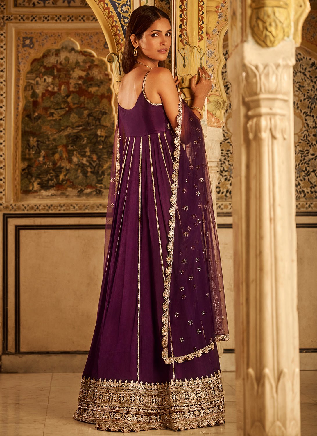 Purple Embroidered Chinon Anarkali - Lashkaraa