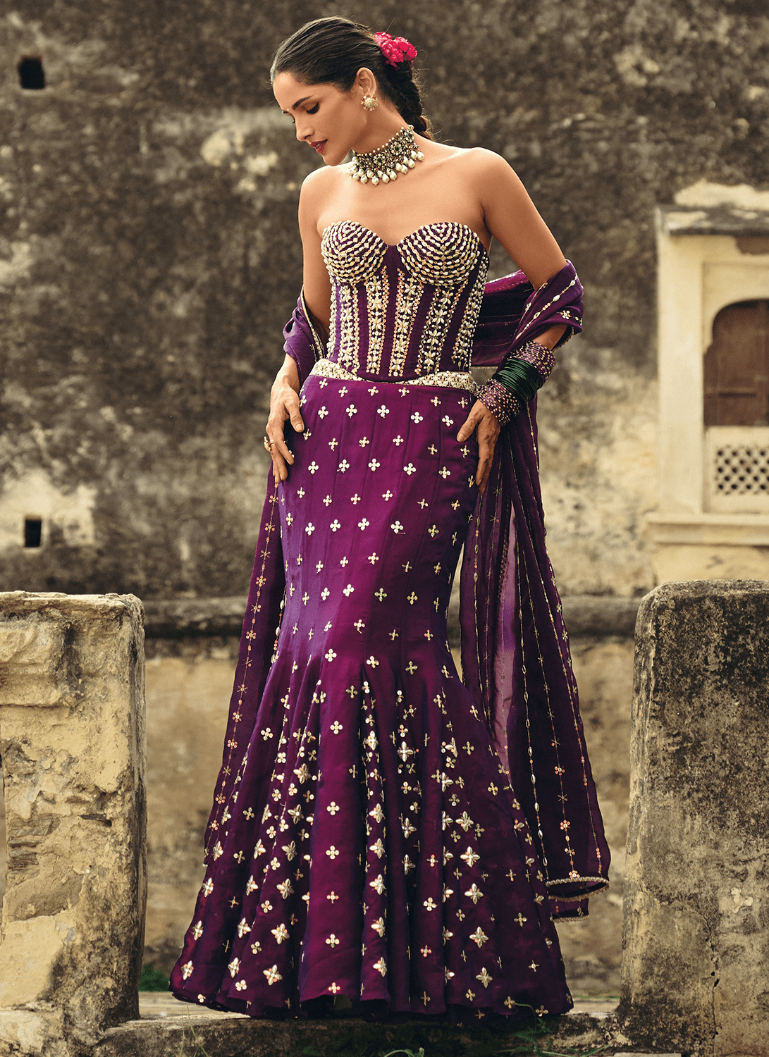 Purple Embroidered Georgette Corset Style Lehenga - Lashkaraa