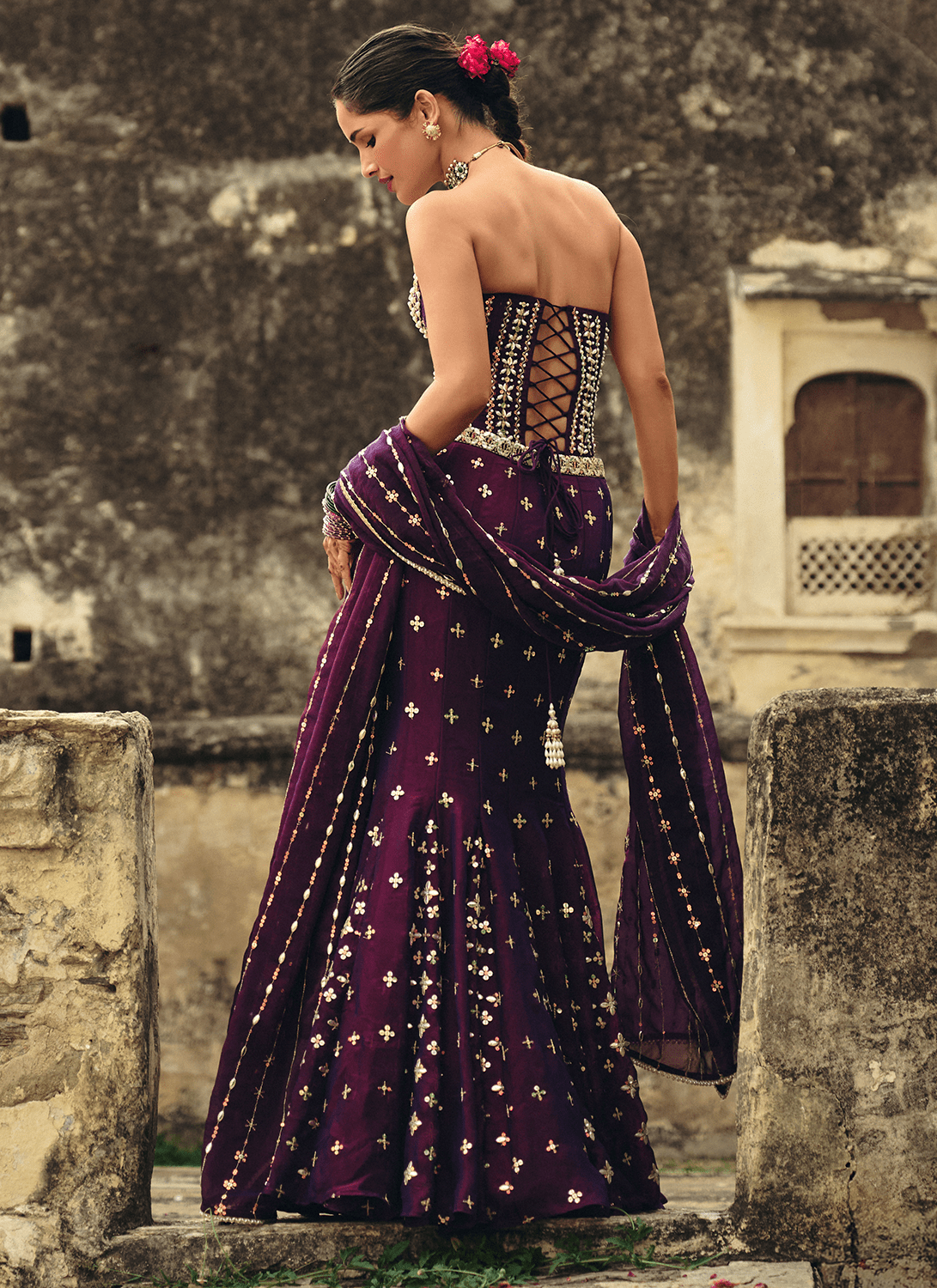 Purple Embroidered Georgette Corset Style Lehenga - Lashkaraa
