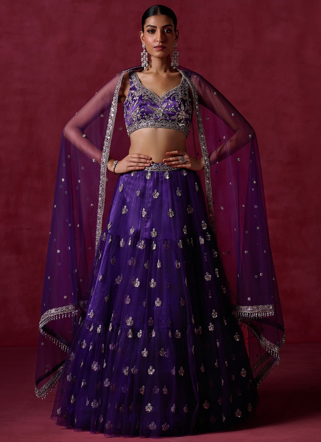 Purple Embroidered Net Lehenga - Lashkaraa