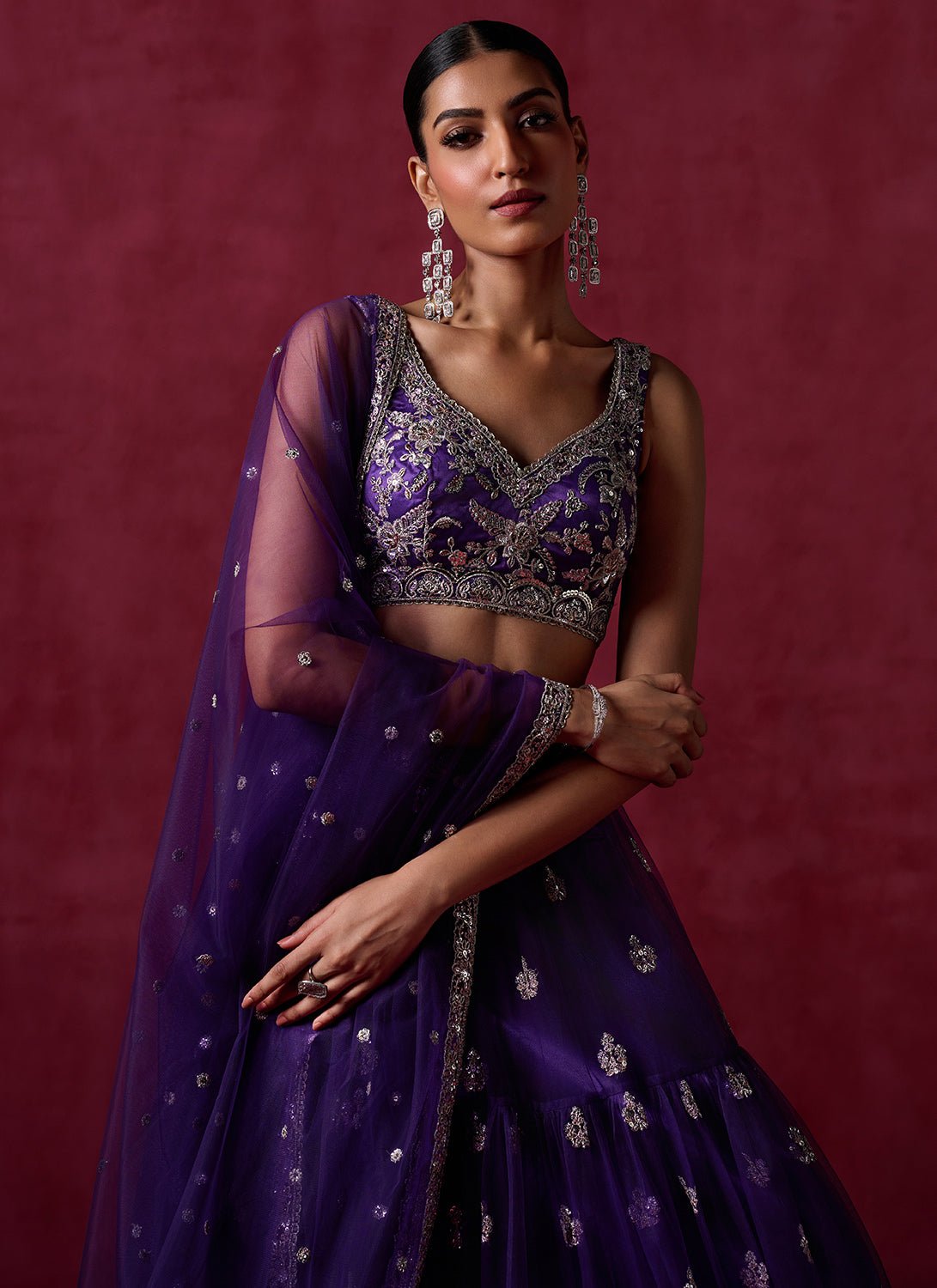 Purple Embroidered Net Lehenga - Lashkaraa