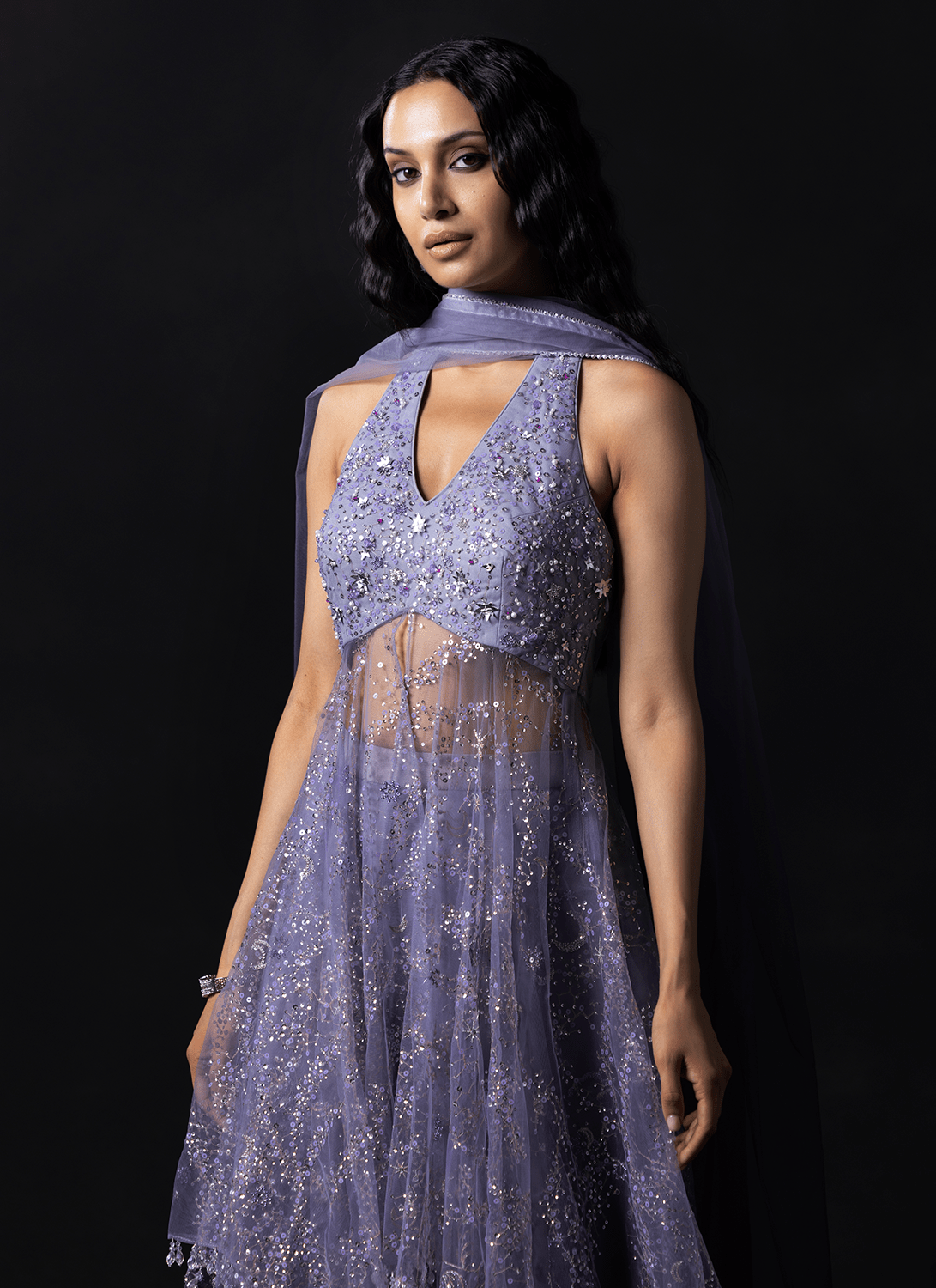 Purple Embroidered Net Sharara - Lashkaraa