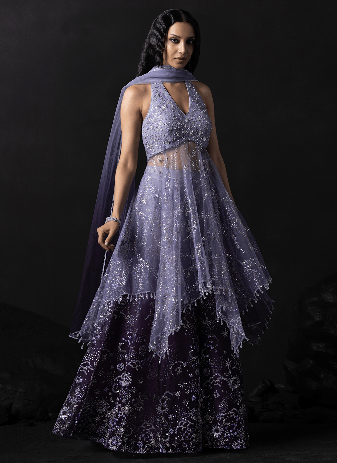 Purple Embroidered Net Sharara - Lashkaraa