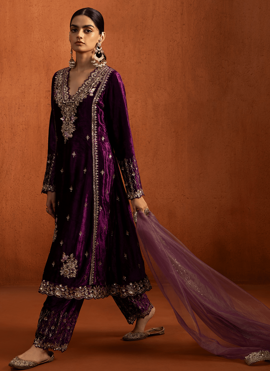 Purple Embroidered Velvet Straight Suit - Lashkaraa