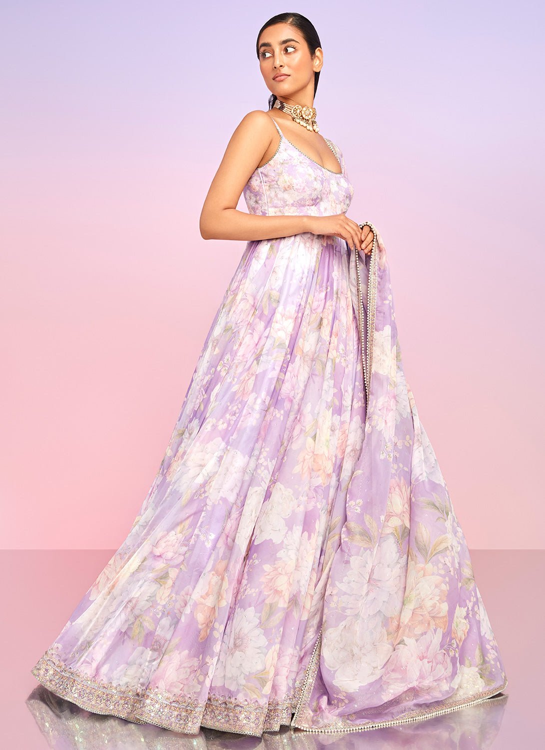 Purple Floral Embellished Anarkali - Lashkaraa