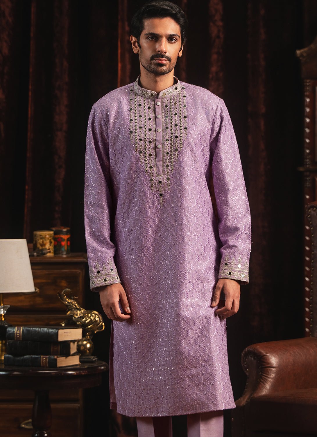 Purple Mirror Embroidered Kurta Set - Lashkaraa