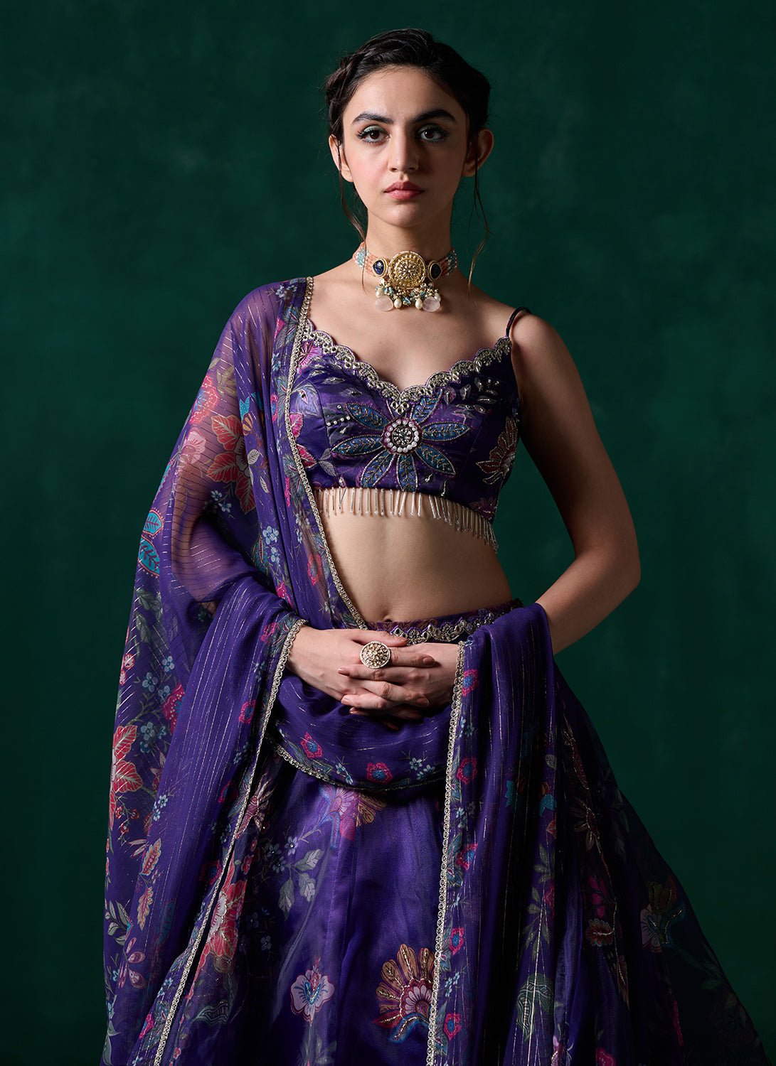 Purple Multicolor Floral Printed Lehenga - Lashkaraa