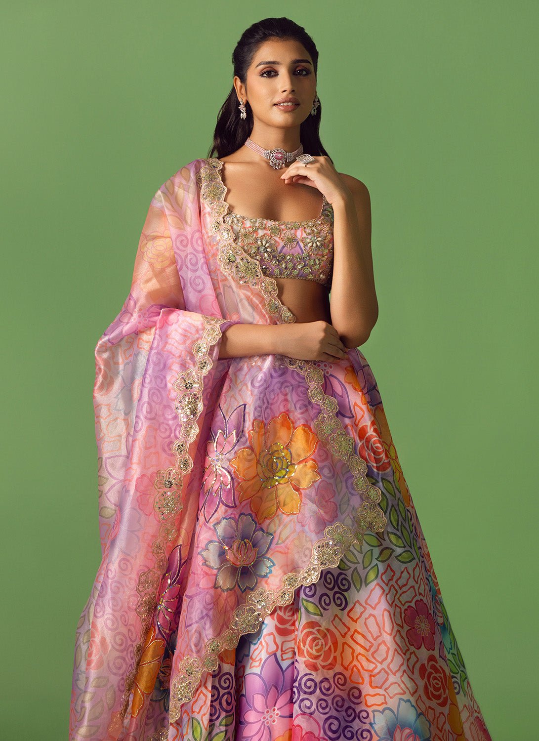 Purple Multicolor Floral Printed Organza Lehenga - Lashkaraa