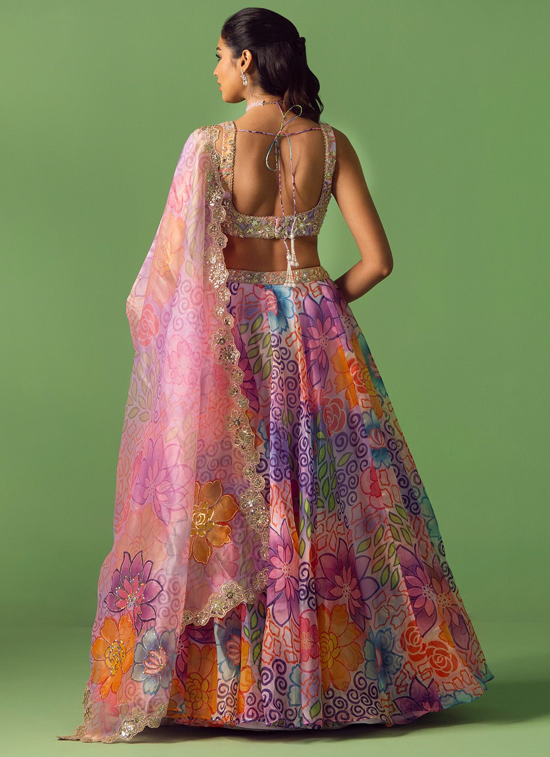 Purple Multicolor Floral Printed Organza Lehenga - Lashkaraa