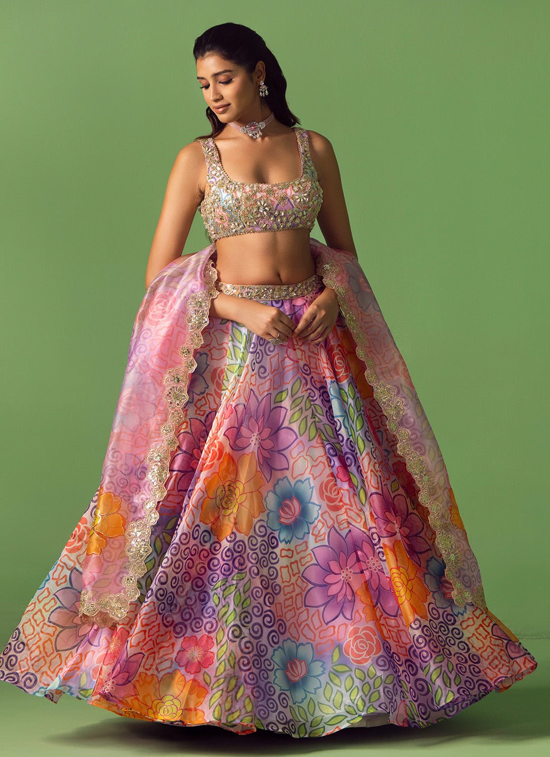 Purple Multicolor Floral Printed Organza Lehenga - Lashkaraa