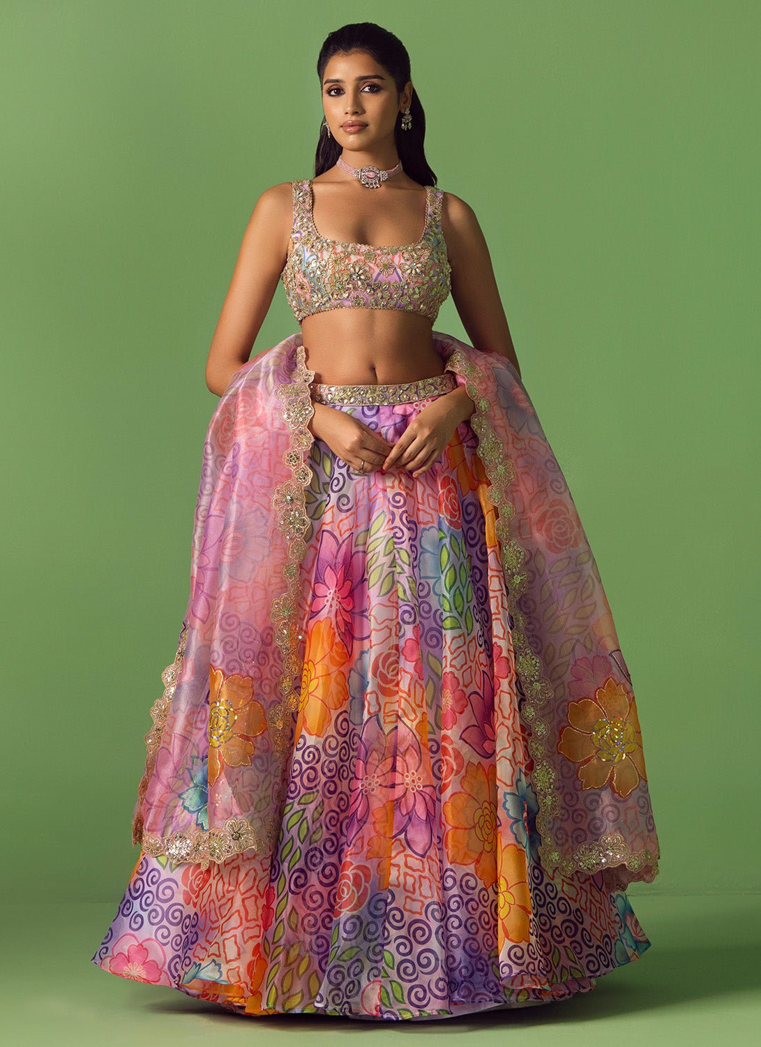 Purple Multicolor Floral Printed Organza Lehenga - Lashkaraa