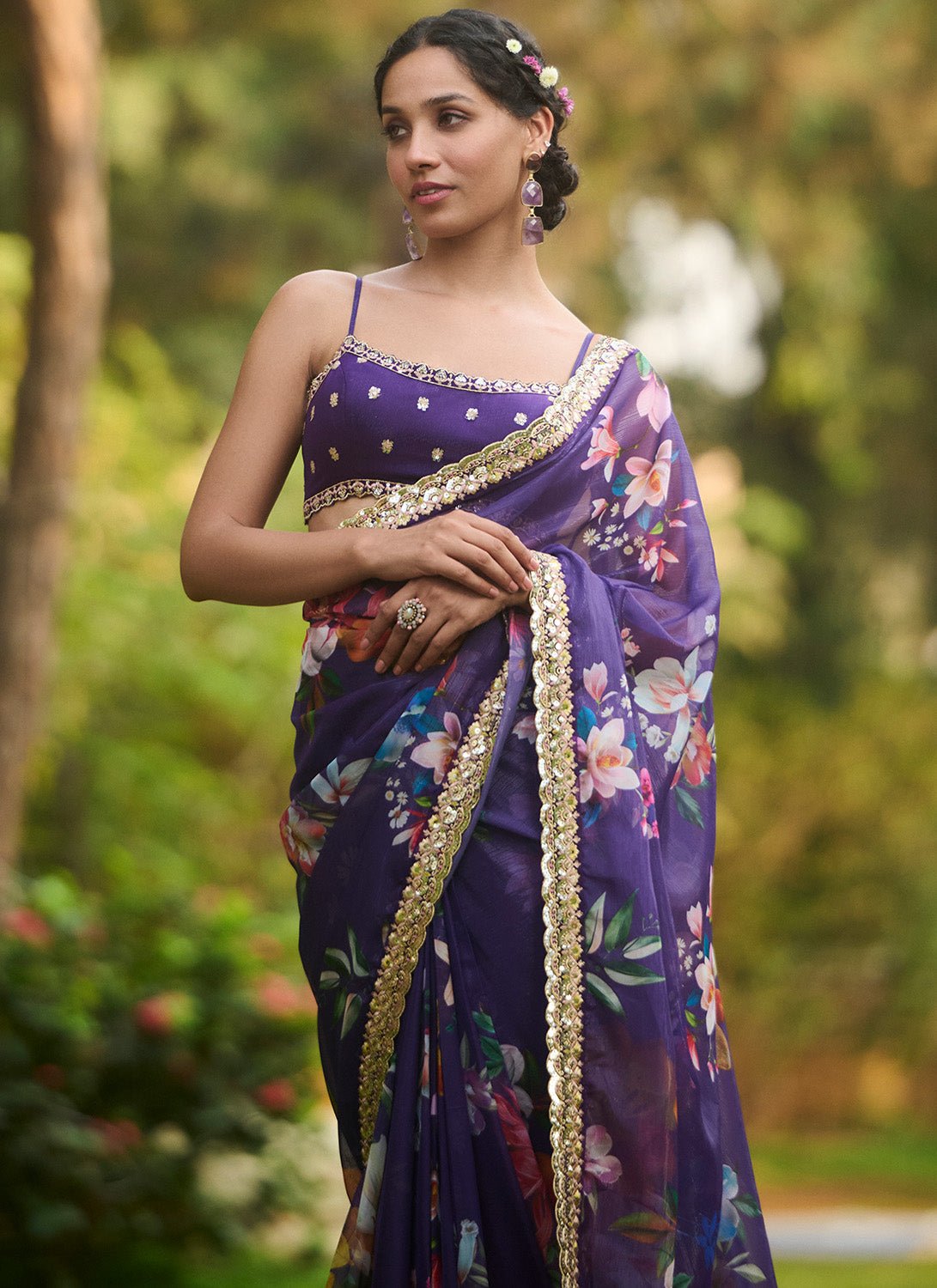 Purple Multicolor Floral Printed Saree - Lashkaraa