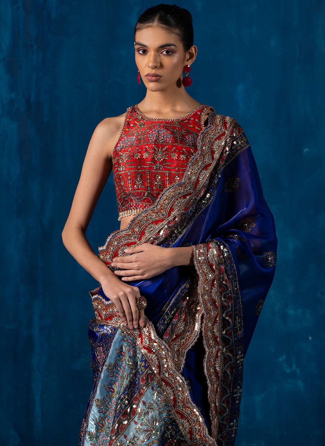 Red and Blue Embroidered Organza Saree - Lashkaraa