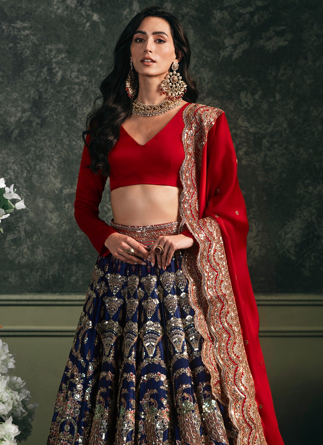 Red and Blue Embroidered Silk Velvet Lehenga - Lashkaraa