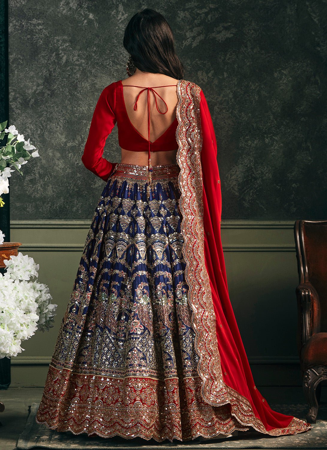 Red and Blue Embroidered Silk Velvet Lehenga - Lashkaraa