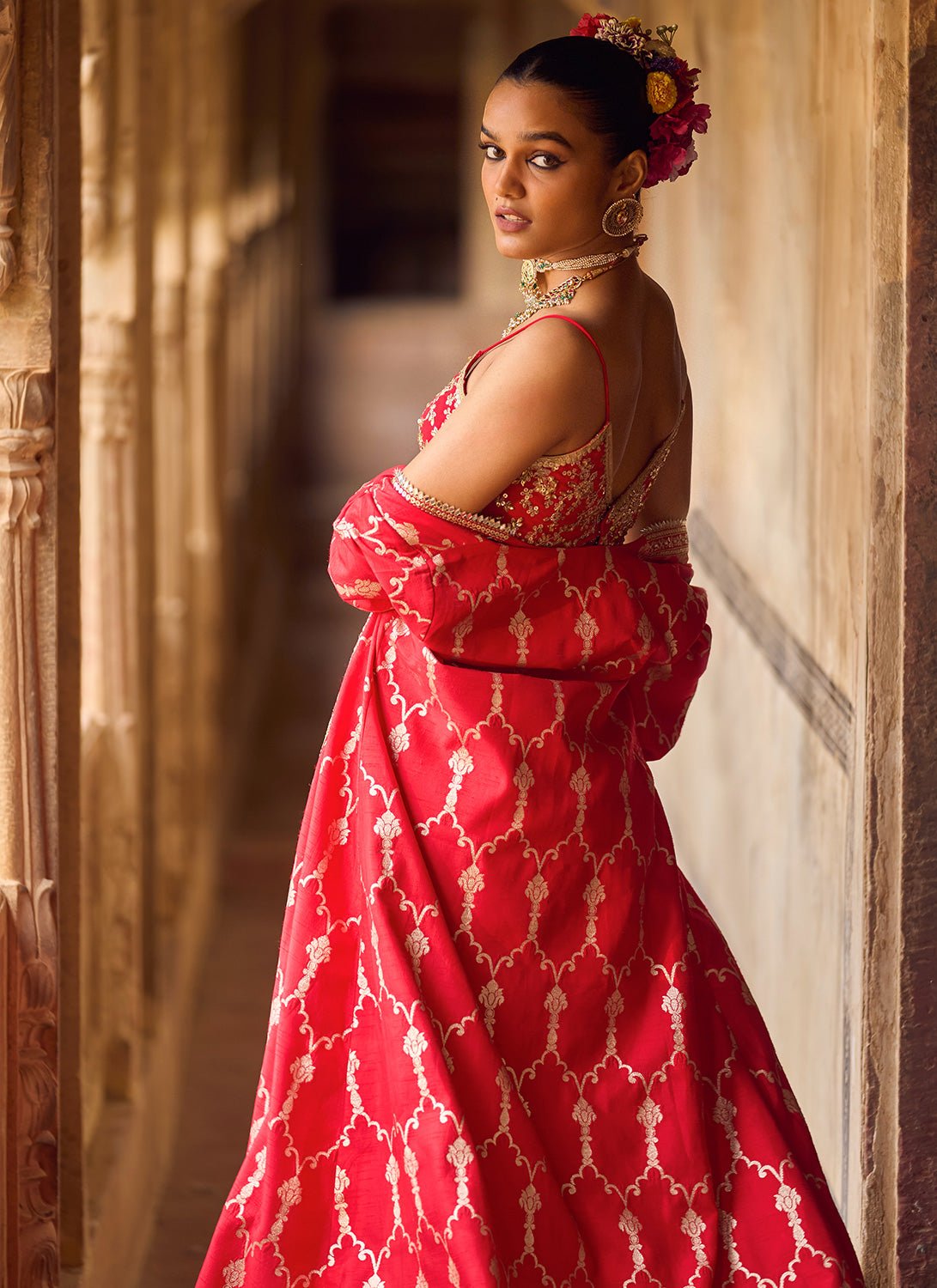 Red and Gold Embroidered Pant Set With Jacket - Lashkaraa