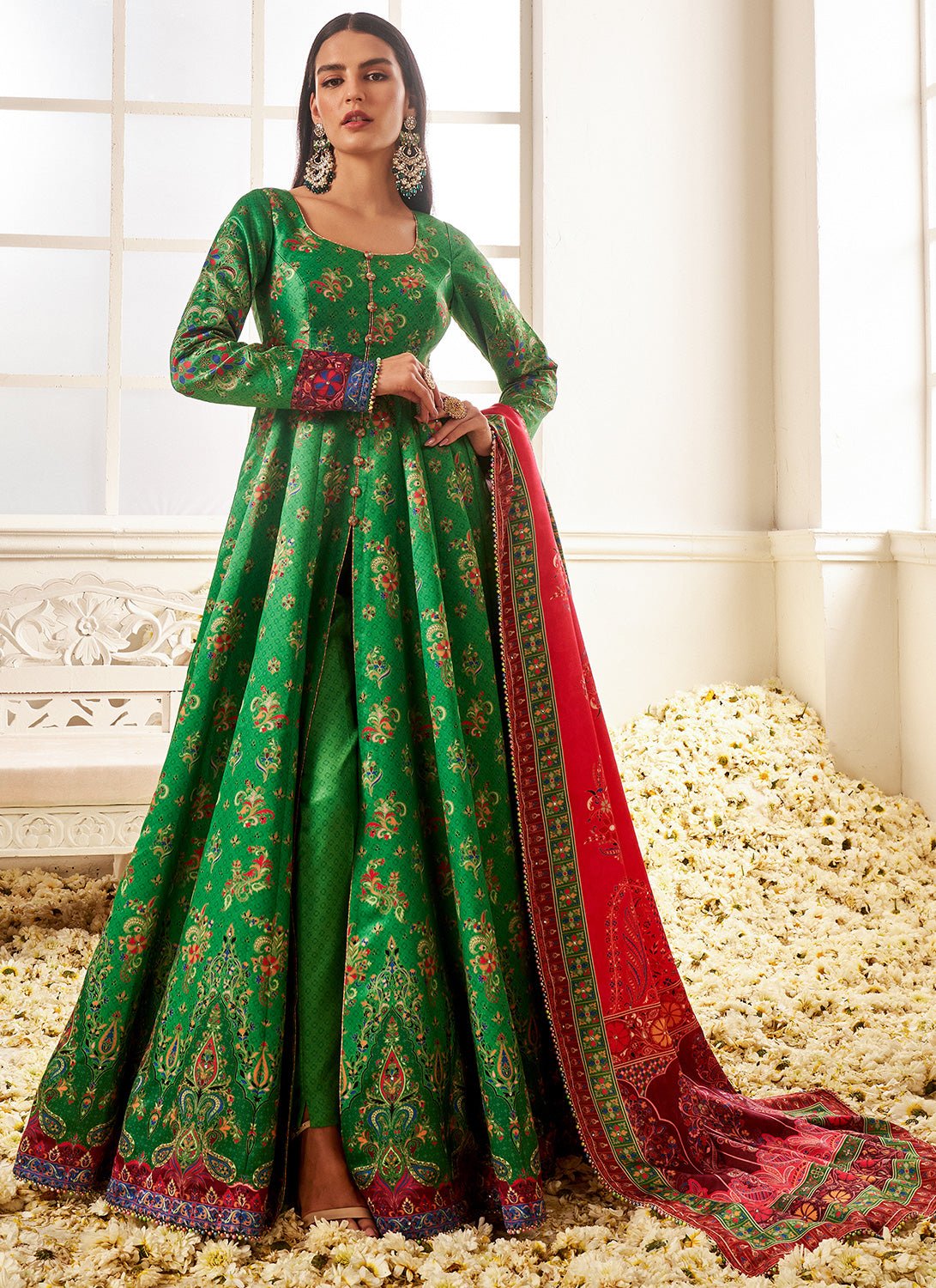 Red and Green Floral Printed Pant Style Anarkali - Lashkaraa
