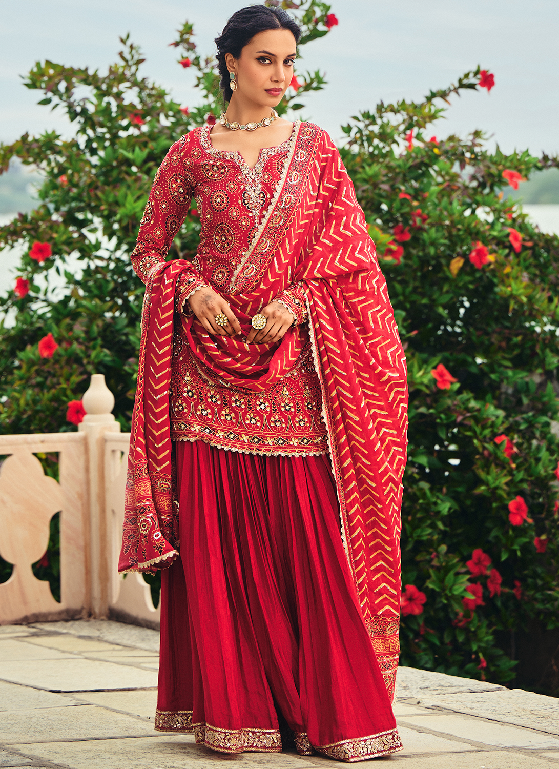 Red Embroidered Ajrakh Print Gharara - Lashkaraa