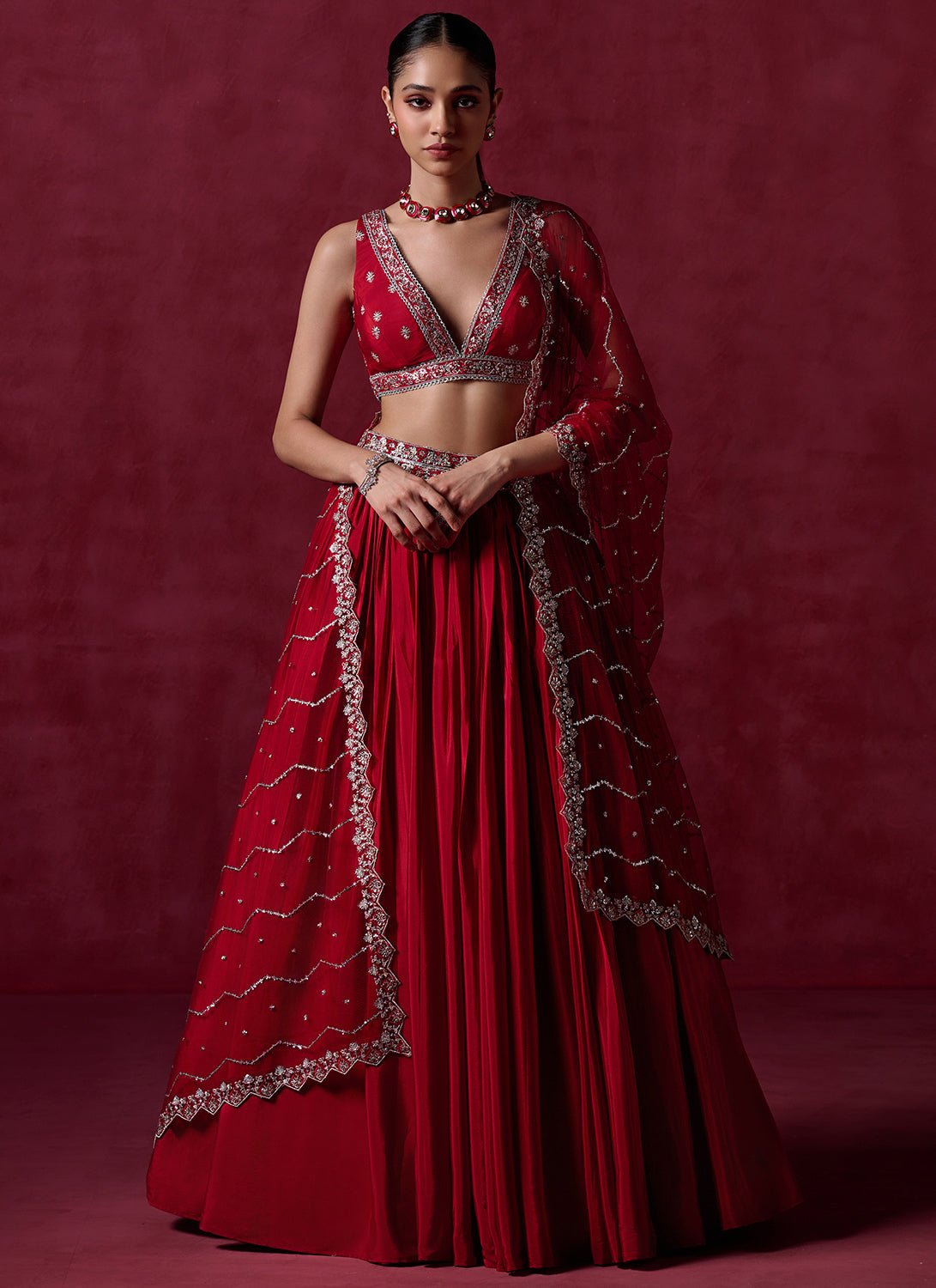 Red Embroidered Crepe Silk Lehenga - Lashkaraa