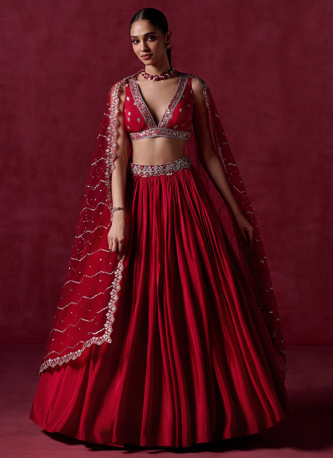 Red Embroidered Crepe Silk Lehenga - Lashkaraa
