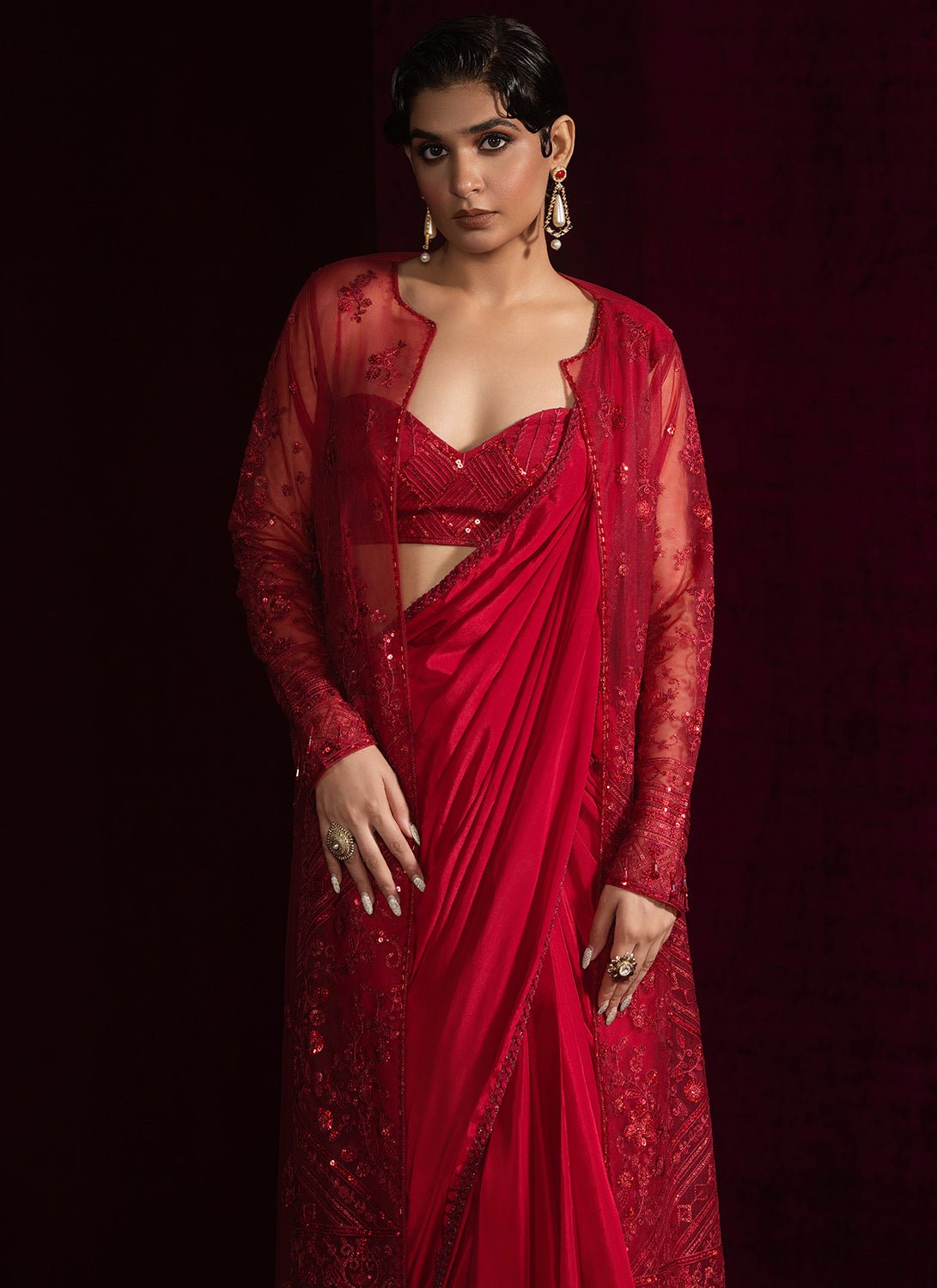 Red Embroidered Jacket Style Saree - Lashkaraa