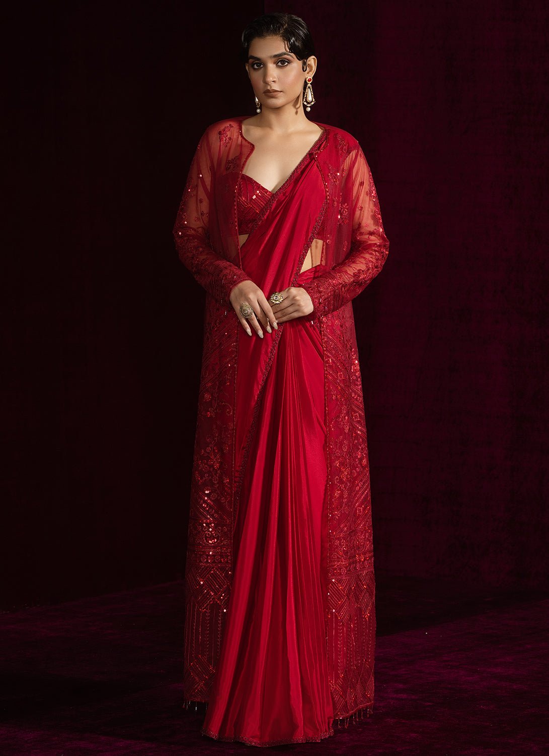 Red Embroidered Jacket Style Saree - Lashkaraa