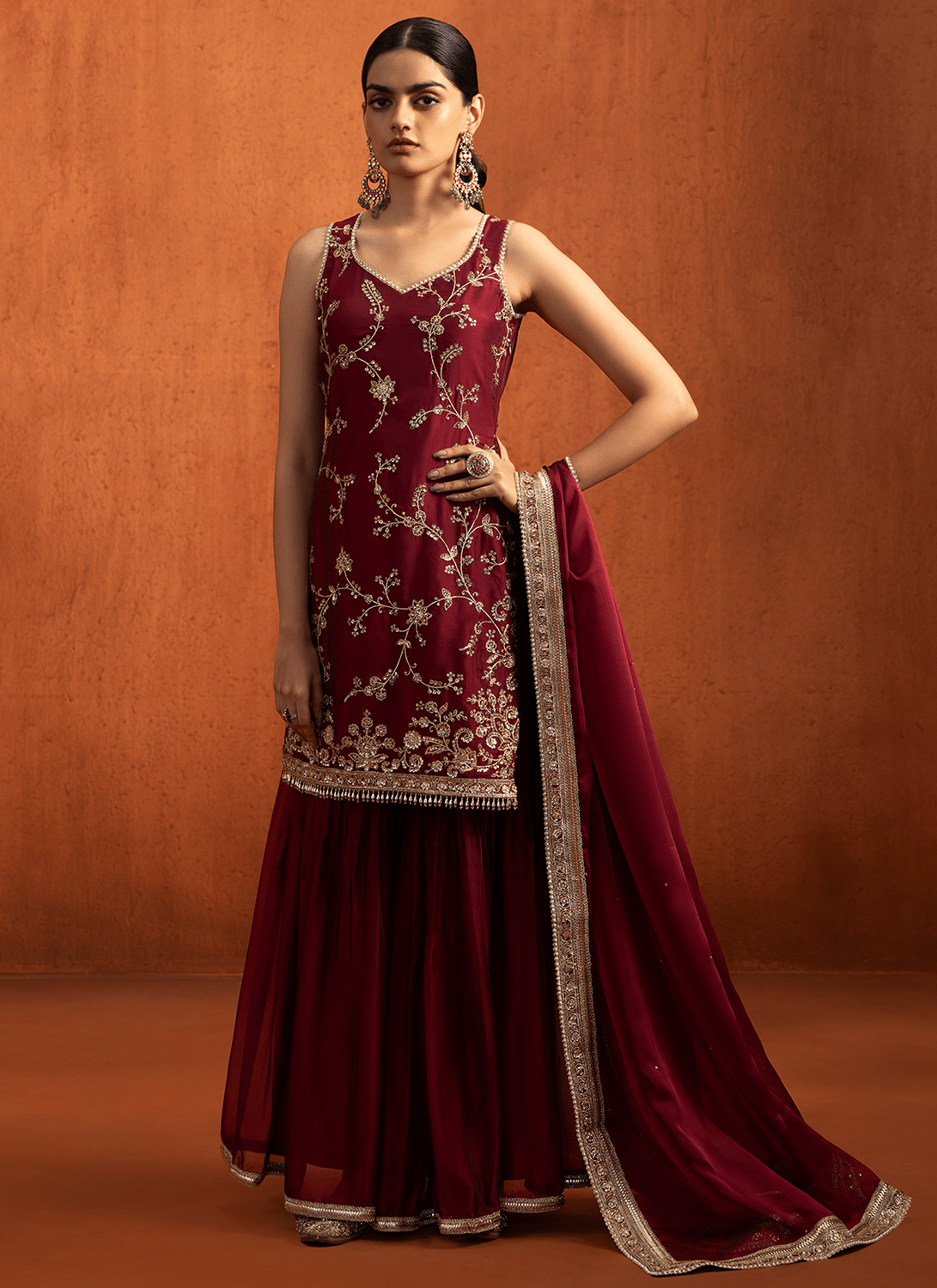 silk gharara dress Red Embroidered Silk Gharara Suit