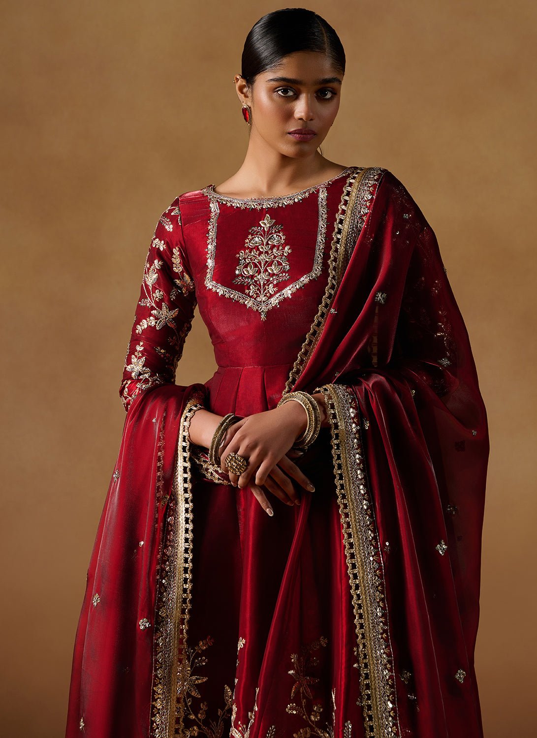 Red Embroidered Tissue Anarkali - Lashkaraa
