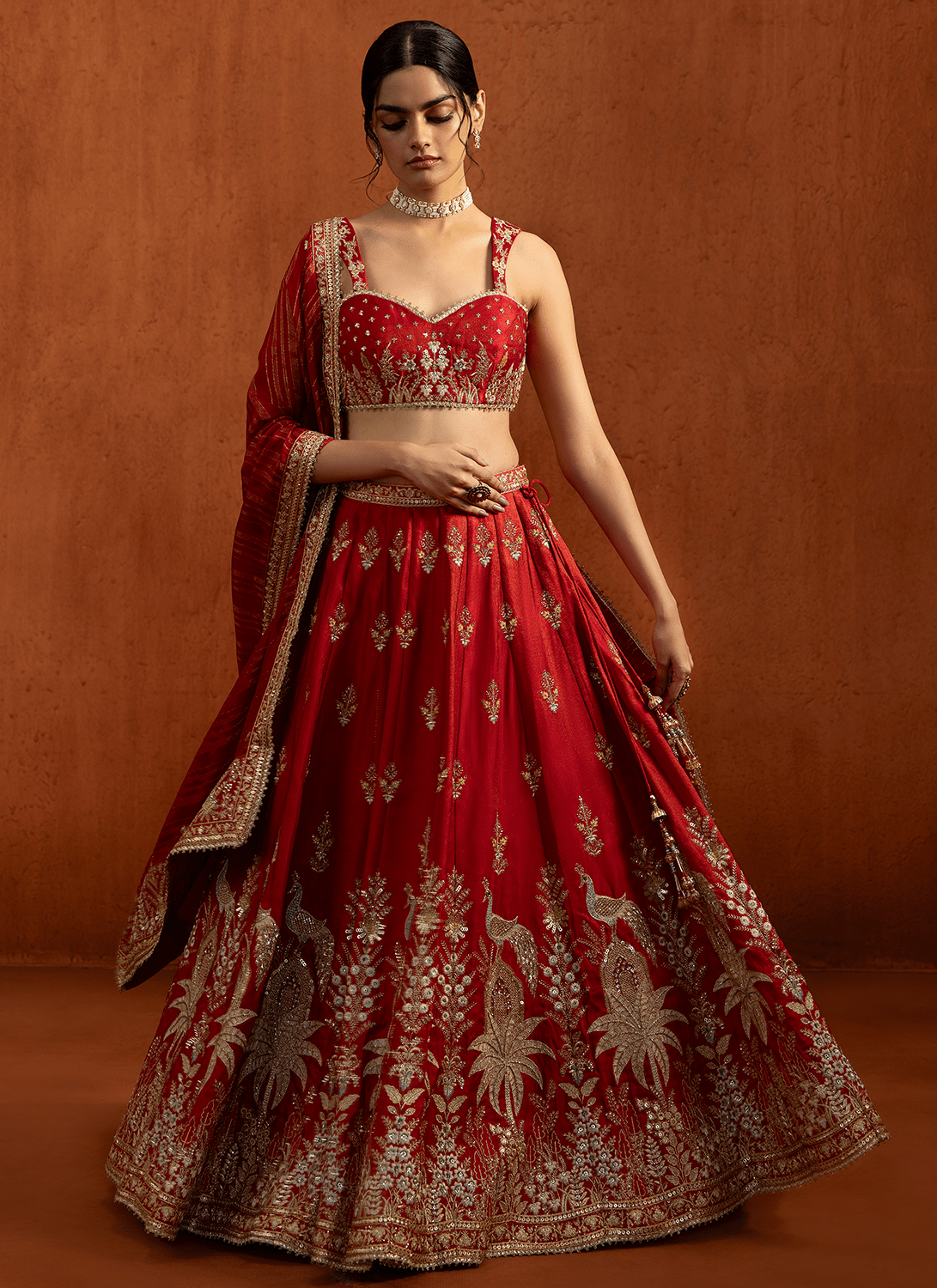 Red Embroidered Viscose Tissue Satin Lehenga - Lashkaraa