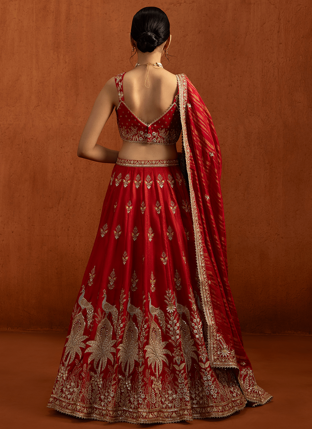 Red Embroidered Viscose Tissue Satin Lehenga - Lashkaraa