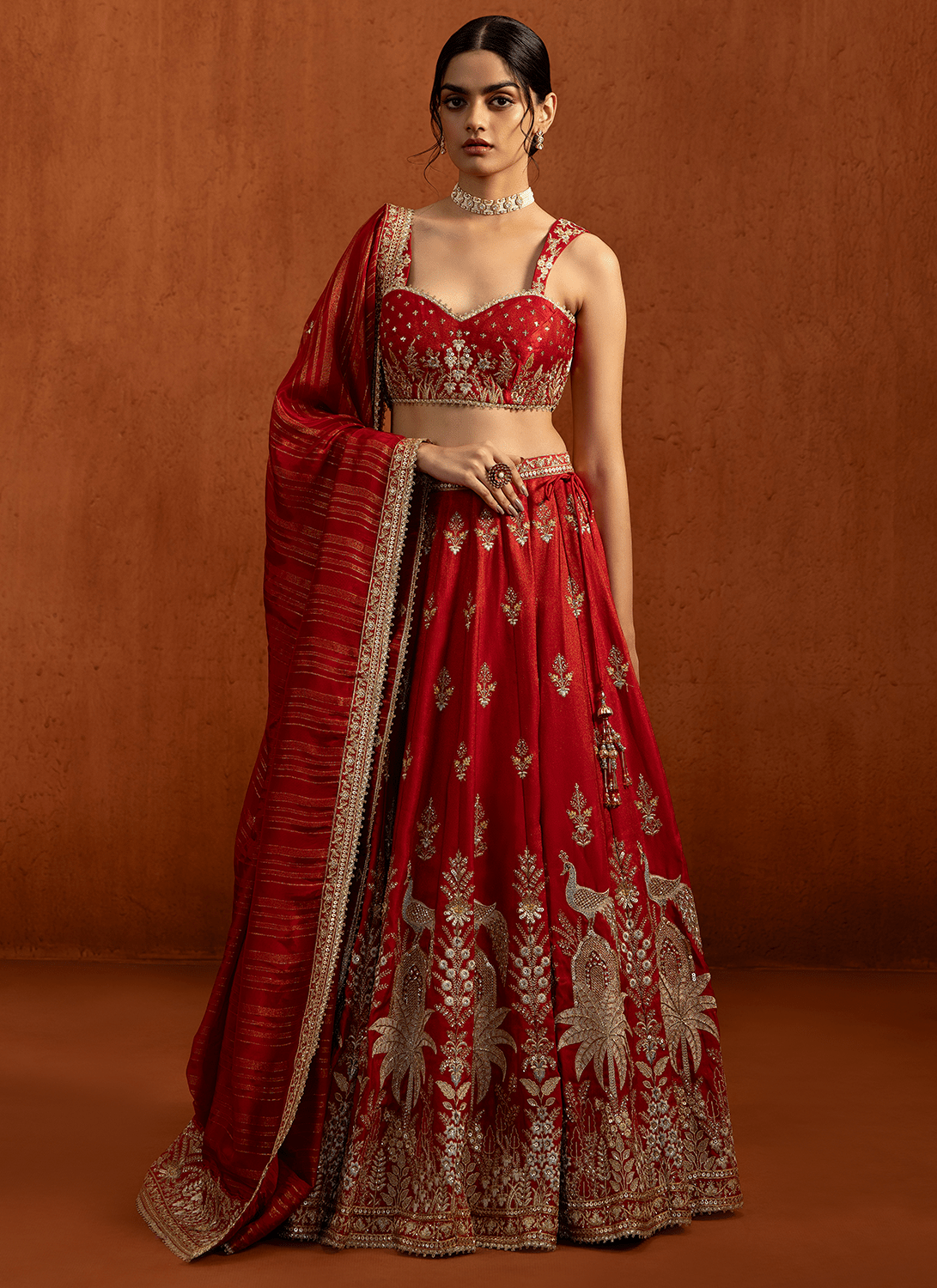 Red Embroidered Viscose Tissue Satin Lehenga - Lashkaraa